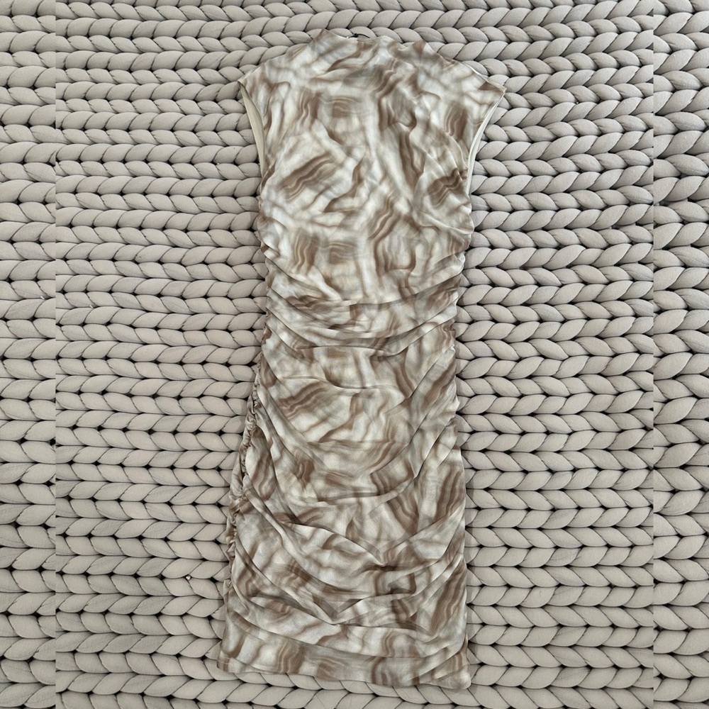 Fashion Nova Neutral Marble Ruched Midi Dress in Beige and Cream